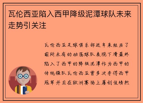 瓦伦西亚陷入西甲降级泥潭球队未来走势引关注 瓦伦西亚陷入西甲降级泥潭球队未来走势引关注