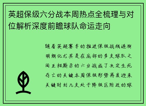 英超保级六分战本周热点全梳理与对位解析深度前瞻球队命运走向 英超保级六分战本周热点全梳理与对位解析深度前瞻球队命运走向